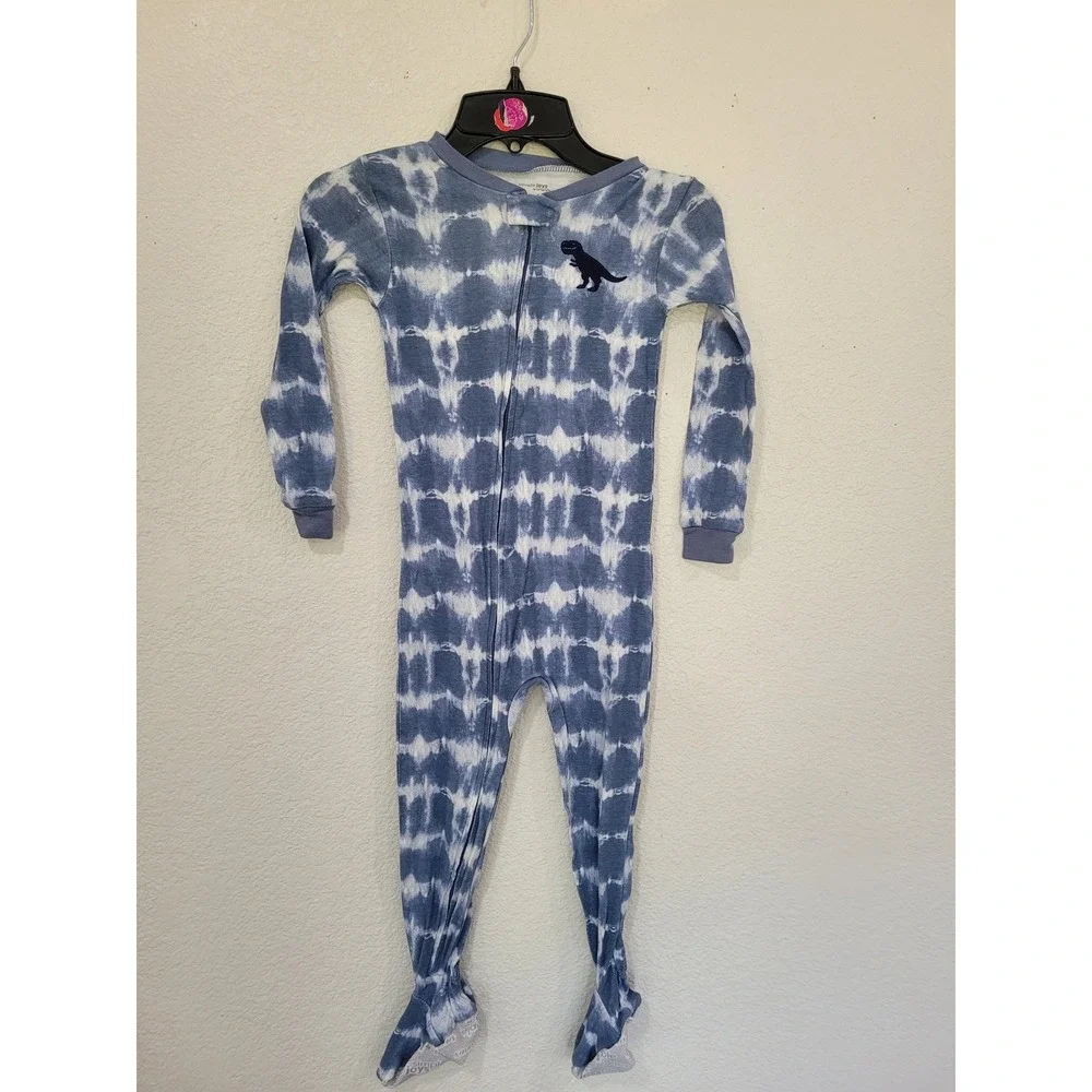 Carters Boys 4T Blue Tie Dye Dinosaur Footed Pajamas Zip Up Snug Fit #9